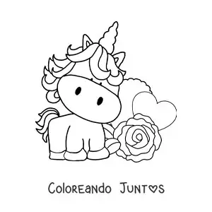 Imagen para colorear de lindo unicornio animado con una rosa y un corazón