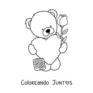 Imagen para colorear de oso de peluche con un corazón y una rosa