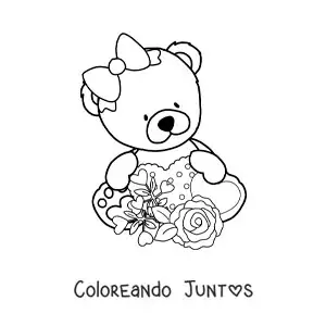 Imagen para colorear de osita de peluche sentada con flores y corazones