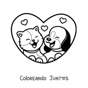 Imagen para colorear de oso y gato kawaii enamorados en un corazón