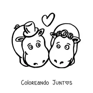 Imagen para colorear de pareja de hipopótamos kawaii enamorados