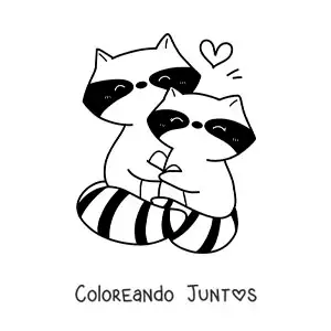 Imagen para colorear de pareja de mapaches kawaii enamorados