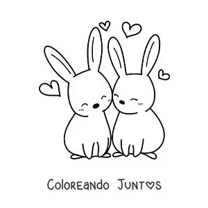 Imagen para colorear de pareja de conejos kawaii enamorados