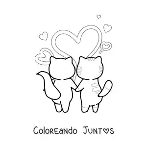 Imagen para colorear de pareja de gatitos tomados de las patas con corazones