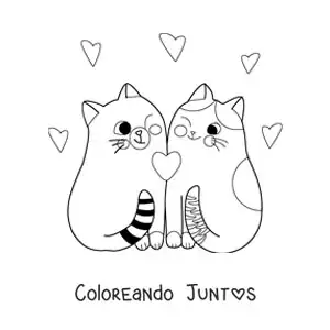 Imagen para colorear de pareja de gatitos enamorados animados juntos con corazones