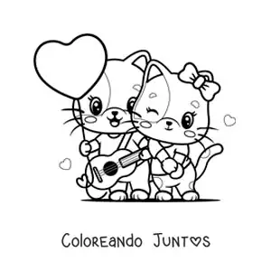 Imagen para colorear de gatitos rockeros enamorados con un globo de corazón