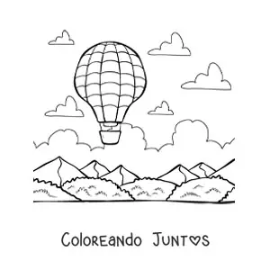 Imagen para colorear de un globo aerostático volando entre montañas