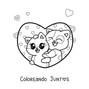 Imagen para colorear de dos gatos tiernos enamorados rodeados de corazones