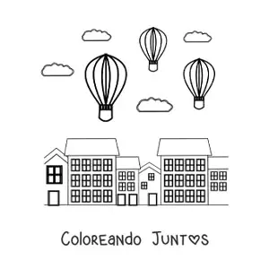 Imagen para colorear de tres globos aerostáticos volando sobre la ciudad
