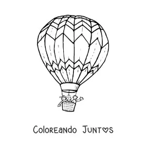 Imagen para colorear de tres niños volando en un globo aerostático