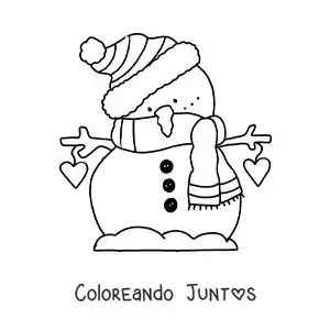 Imagen para colorear de hombre de nieve animado con una bufanda y un gorro