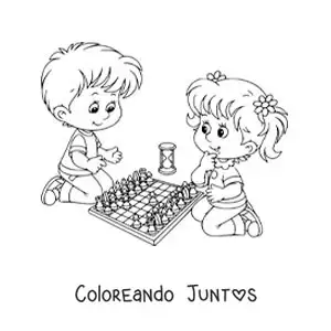 Imagen para colorear de un niño y una niña jugando ajedrez