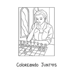Imagen para colorear de una chica jugando ajedrez