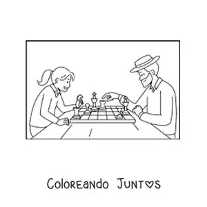 Imagen para colorear de una niña jugando ajedrez con su abuelo