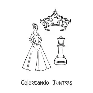 Imagen para colorear de pieza de la reina del ajedrez con una corona y una reina animada