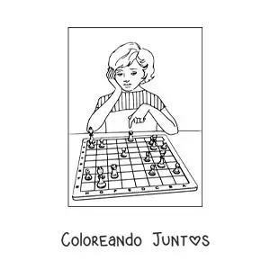 Imagen para colorear de una niña jugando ajedrez