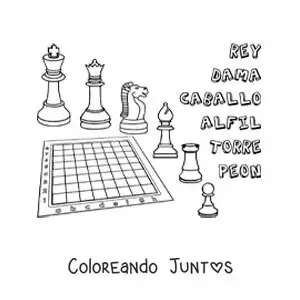 Imagen para colorear de tablero y piezas del ajedrez con sus nombres