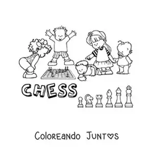 Imagen para colorear de niños jugando ajedrez y la palabra ajedrez en inglés