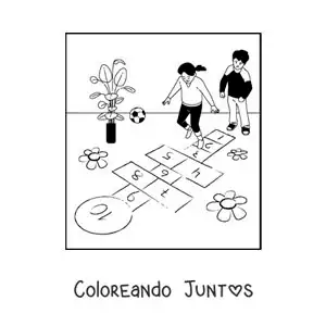 Imagen para colorear de niños jugando a la rayuela