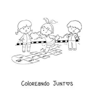 Imagen para colorear de niños saltando en el juego tradicional del avioncito
