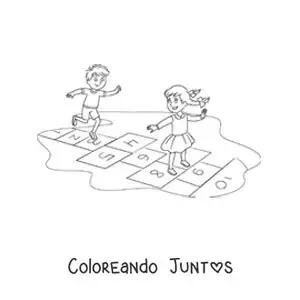 Imagen para colorear de dos niños saltando en el juego tradicional de la rayuela