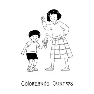 Imagen para colorear de niño japonés jugando con un kendama con su mamá