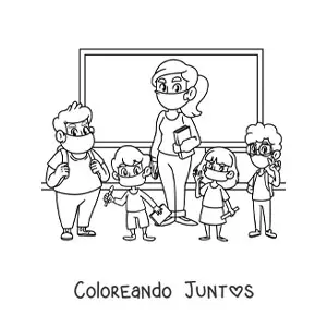 Imagen para colorear de una maestra junto a sus alumnos con mascarillas