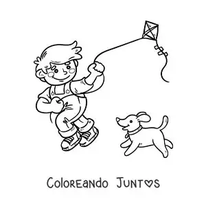 Imagen para colorear de niño volando un cometa con su perro