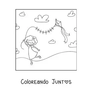 Imagen para colorear de niña animada volando un cometa de papel