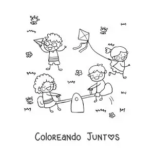 Imagen para colorear de una niña volando un cometa junto a otros niños en el parque