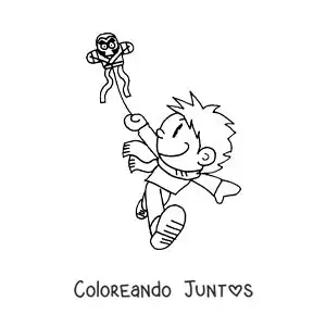 Imagen para colorear de caricatura de un niño volando un cometa