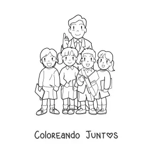 Imagen para colorear de un profesor junto a un grupo de alumnos de primaria
