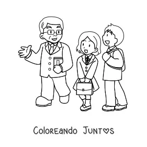 Imagen para colorear de un profesor charlando con dos alumnos de preparatoria
