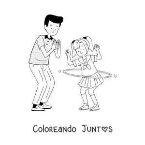 Imagen para colorear de niña y su padre jugando con aro hula hula