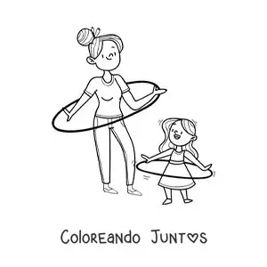 Imagen para colorear de niña y su madre bailando con aro hula hula