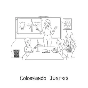 Imagen para colorear de una maestra y dos alumnos en una clase de ecología