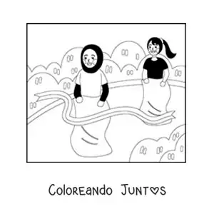 Imagen para colorear de dos chicas en una carrera de sacos tradicional