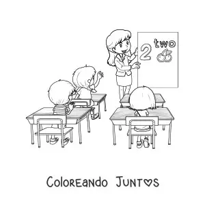 Imagen para colorear de una maestra frente a la pizarra dando clases a varios alumnos