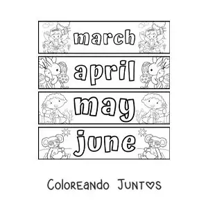 Imagen para colorear de fichas infantiles con los meses en inglés de marzo a junio