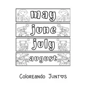 Imagen para colorear de fichas infantiles con los meses en inglés de mayo a agosto