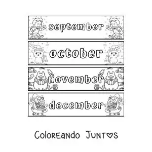 Imagen para colorear de fichas infantiles con los meses en inglés de septiembre a diciembre