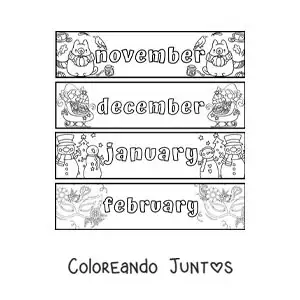 Imagen para colorear de fichas infantiles con los meses en inglés de noviembre a febrero