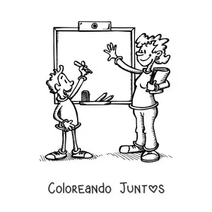 Imagen para colorear de una maestra y un alumno junto al pizarrón