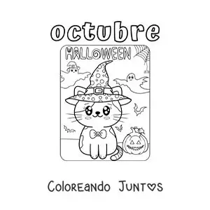Imagen para colorear de octubre con un tierno gato en halloween