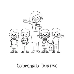 Imagen para colorear de una maestra junto a varios alumnos de primaria