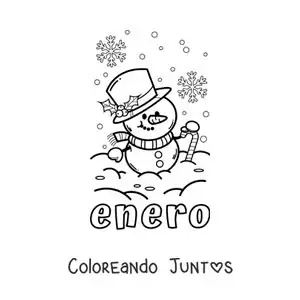 Imagen para colorear de enero con un hombre de nieve animado