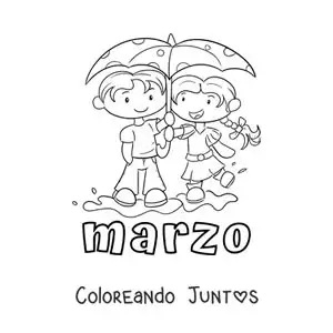 Imagen para colorear de marzo con dos niños con paraguas bajo la lluvia