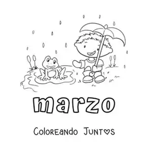 Imagen para colorear de marzo con un niño bajo la lluvia junto a un sapo animado