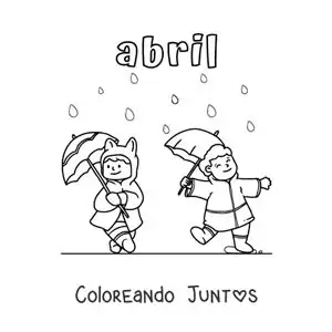 Imagen para colorear de abril con niños bajo la lluvia