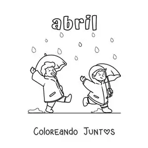 Imagen para colorear de abril con niños saltando bajo la lluvia